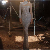 Sequins Glitter Solid Slim Half High Collar Long Sleeve Dress